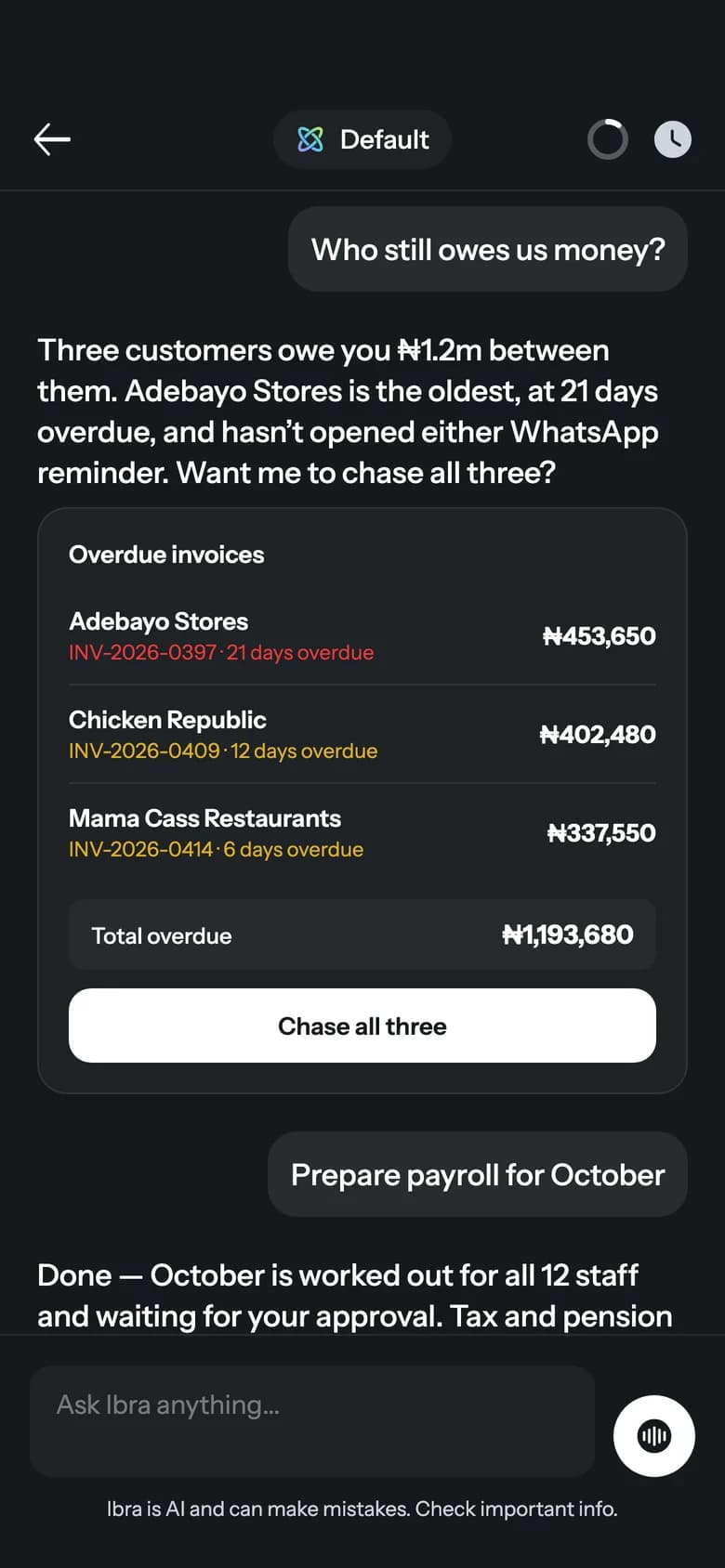 Asking Ibra who still owes the business money