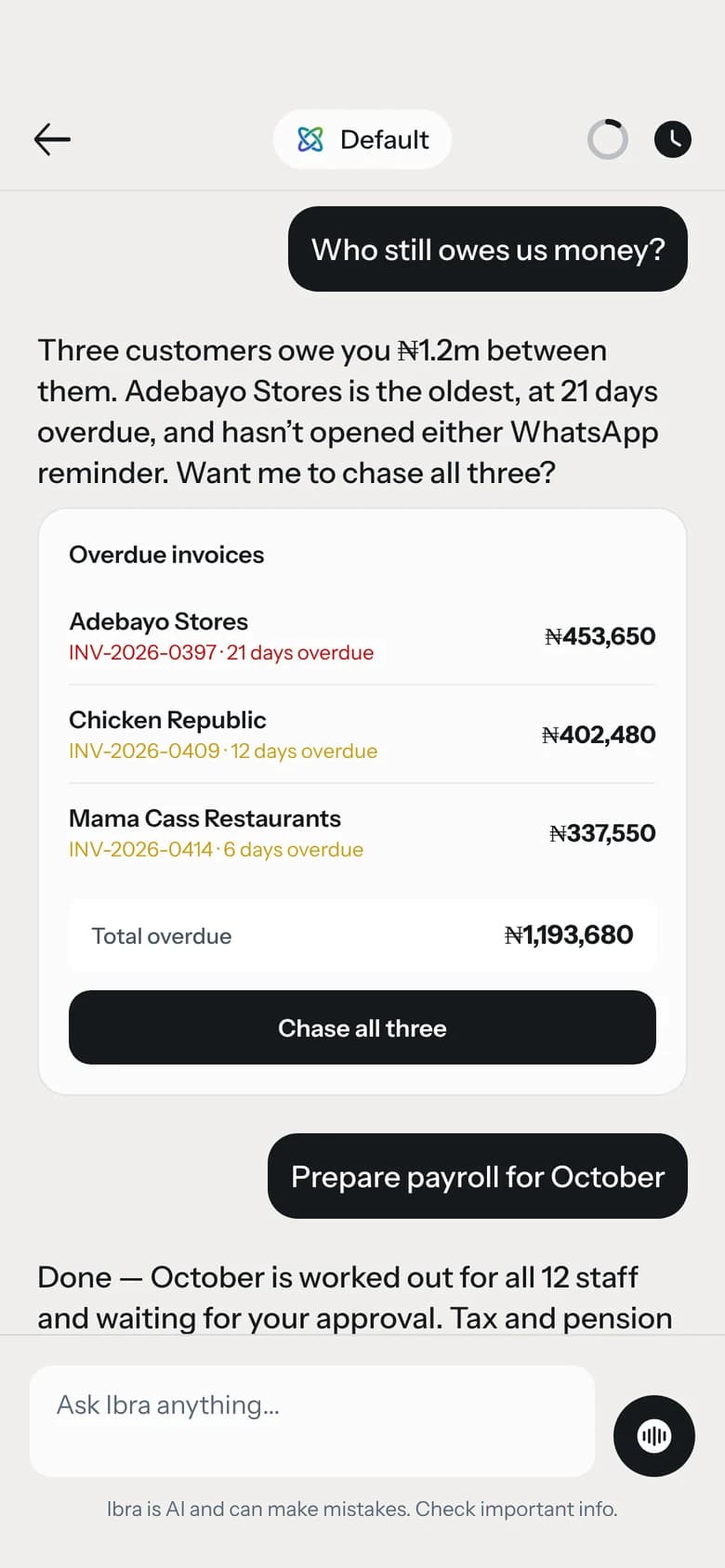 Asking Ibra who still owes the business money