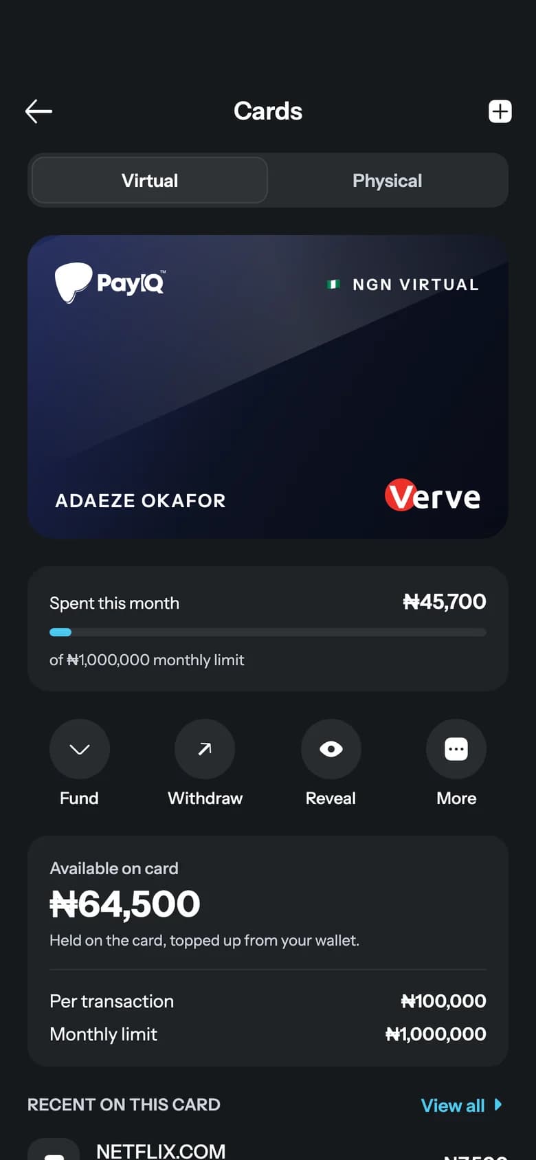 PayIQ cards screen with a naira virtual card