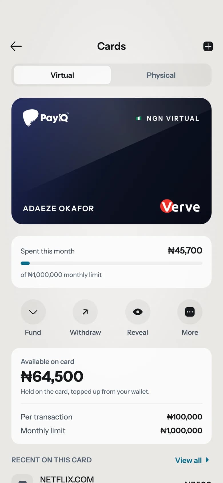 PayIQ cards screen with a naira virtual card