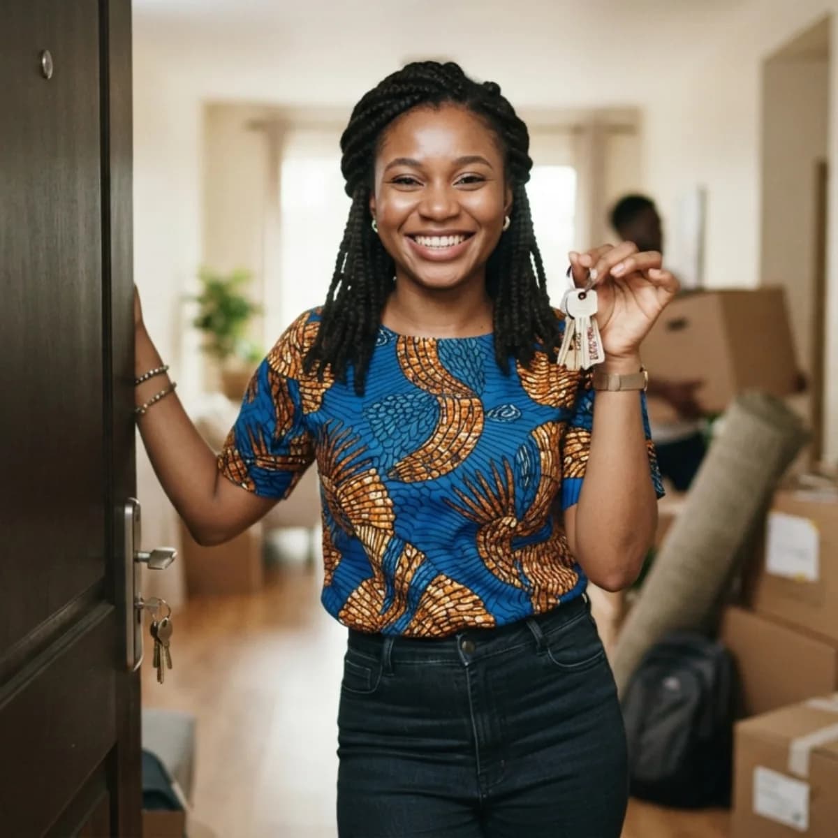 A woman holding the keys to her new apartment