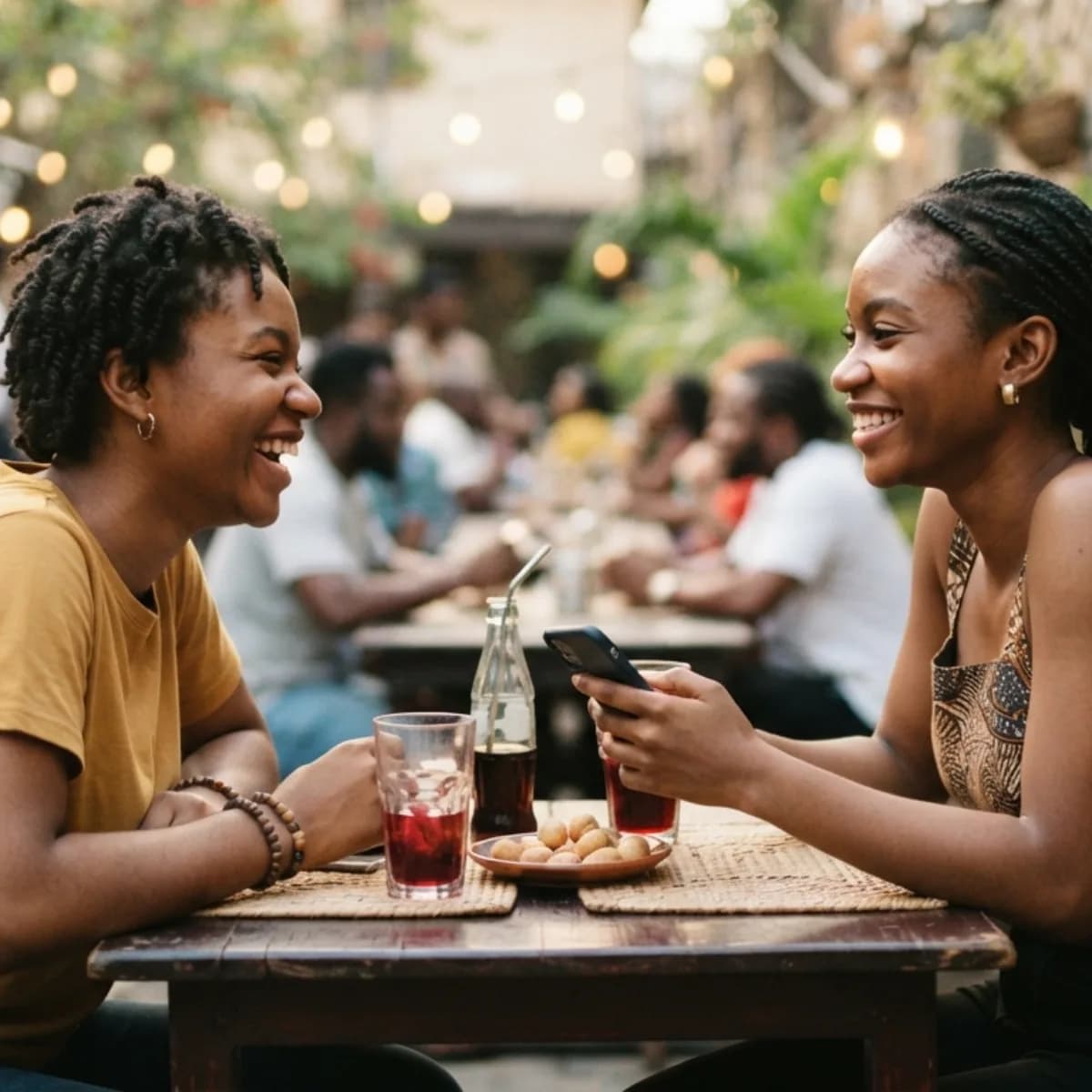 Two friends at a cafe table, one holding a phone