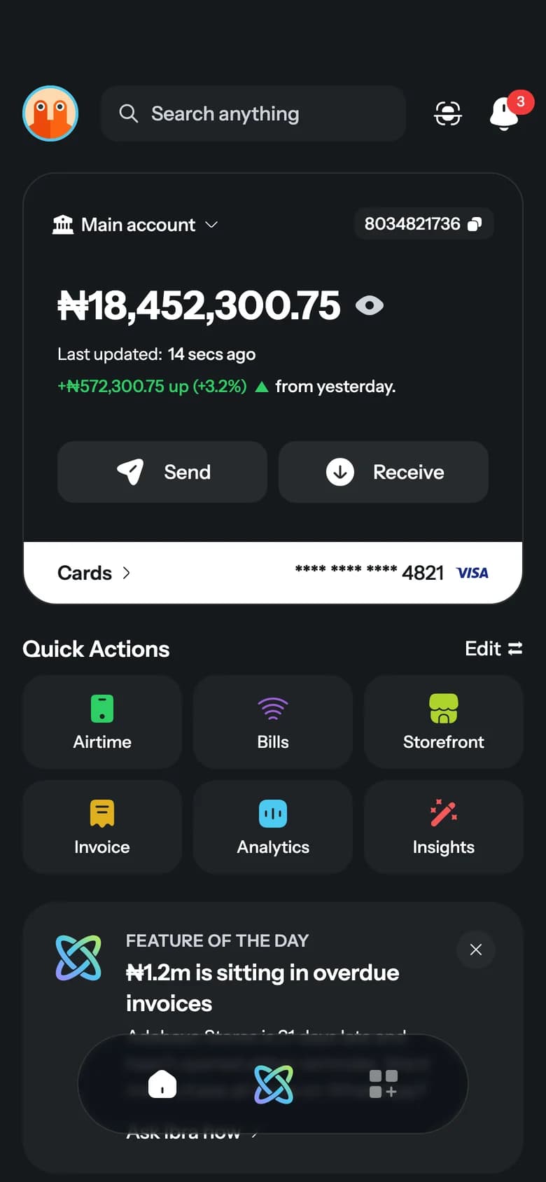 PayIQ Business home screen with the main account balance