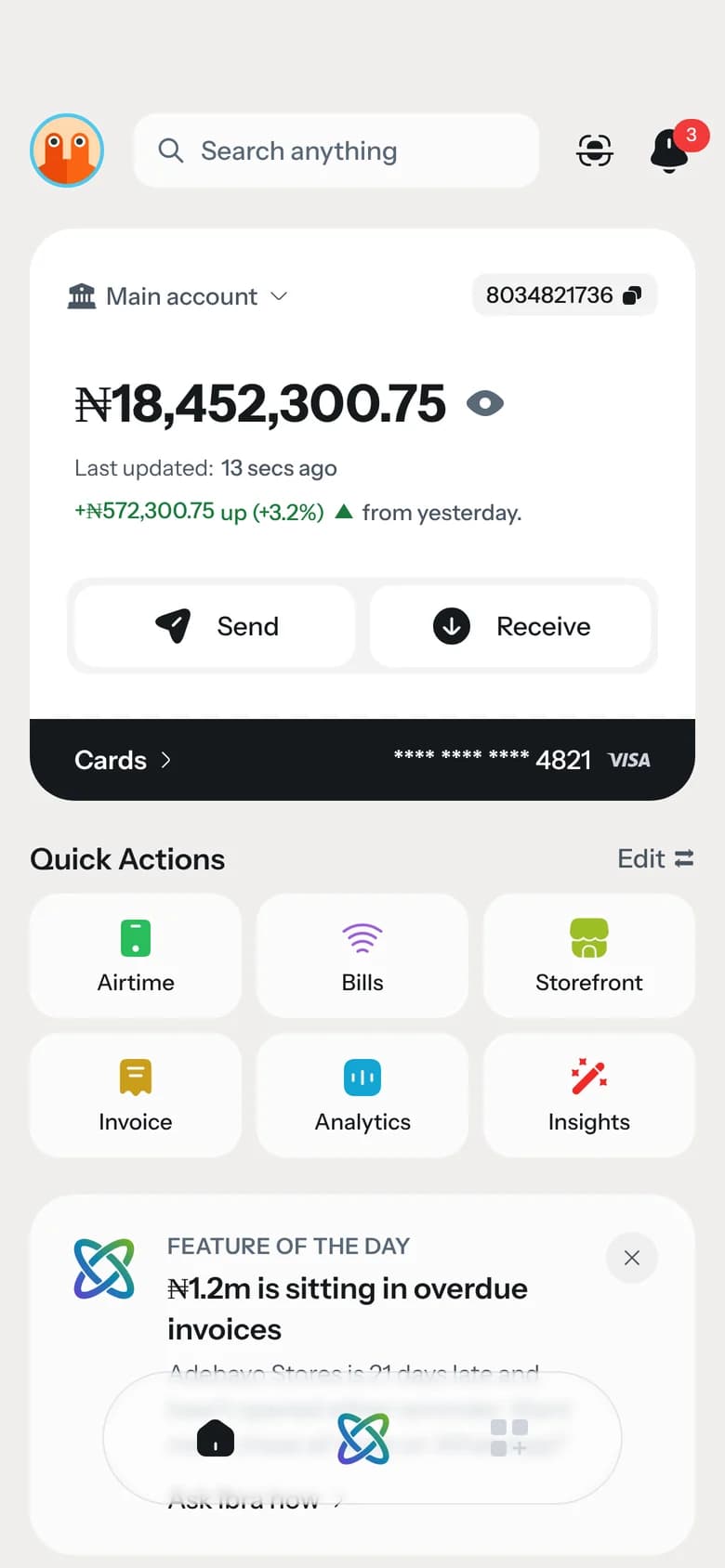 PayIQ Business home screen with the main account balance