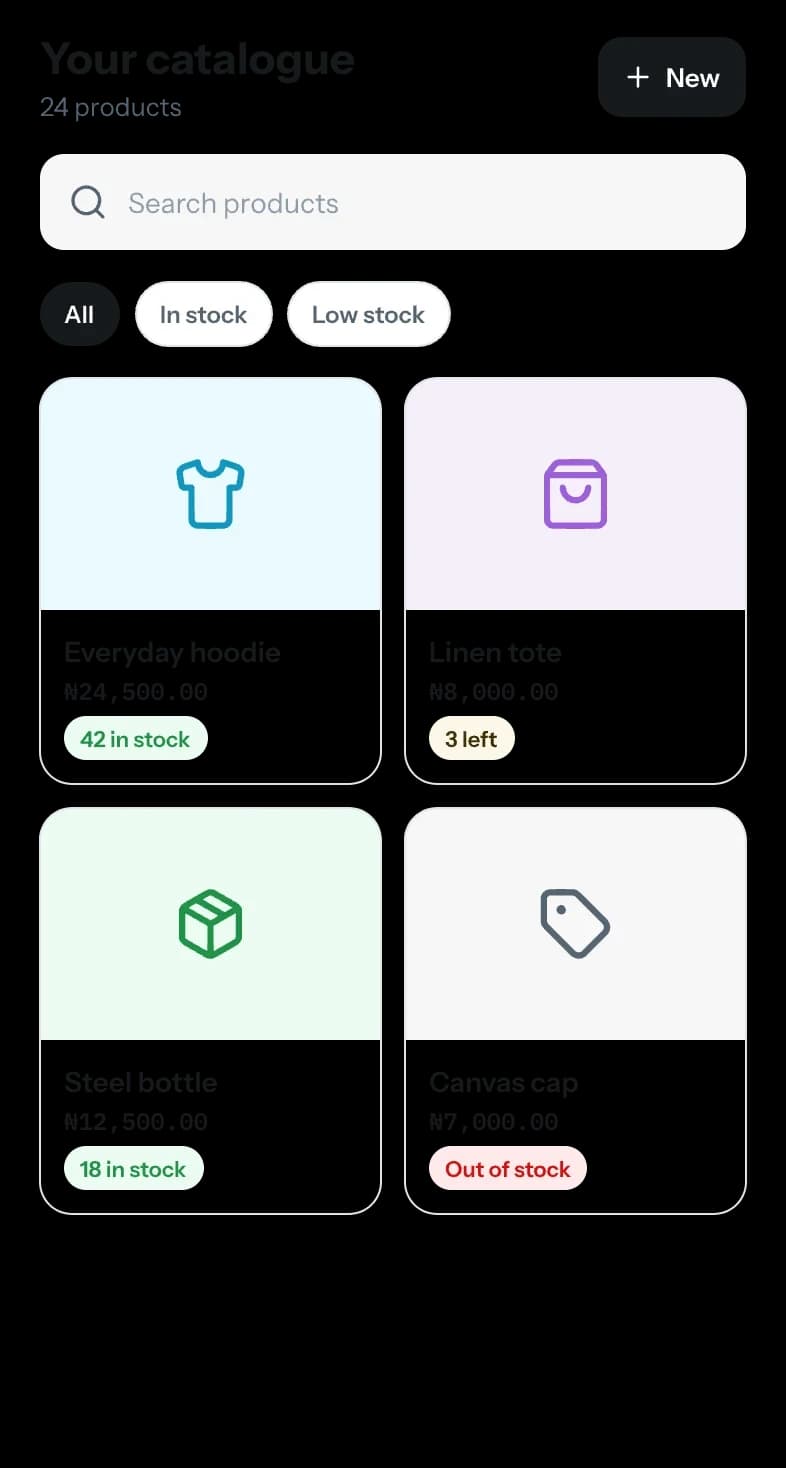 A product catalogue in PayIQ Business