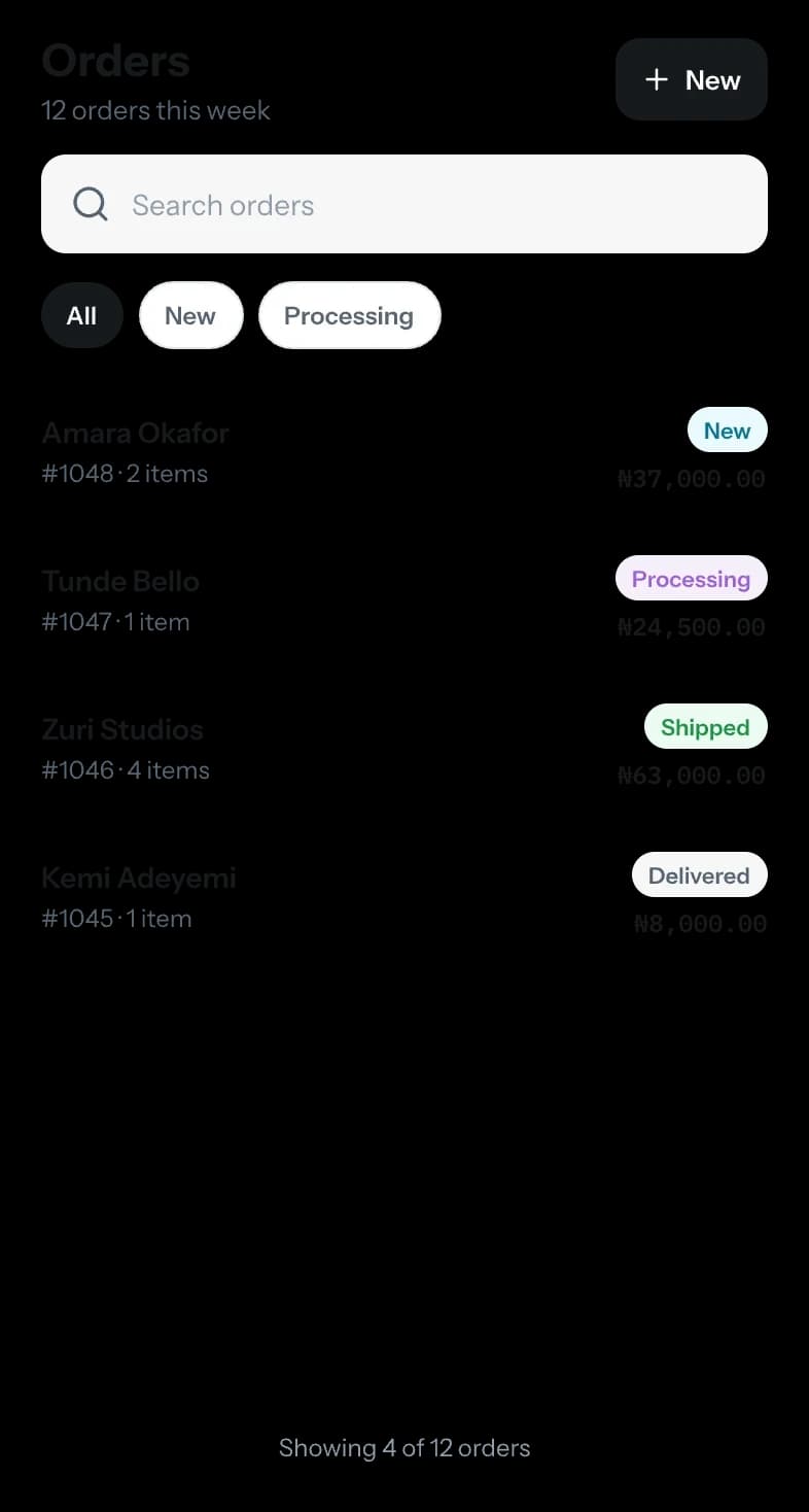 The orders list in PayIQ Business