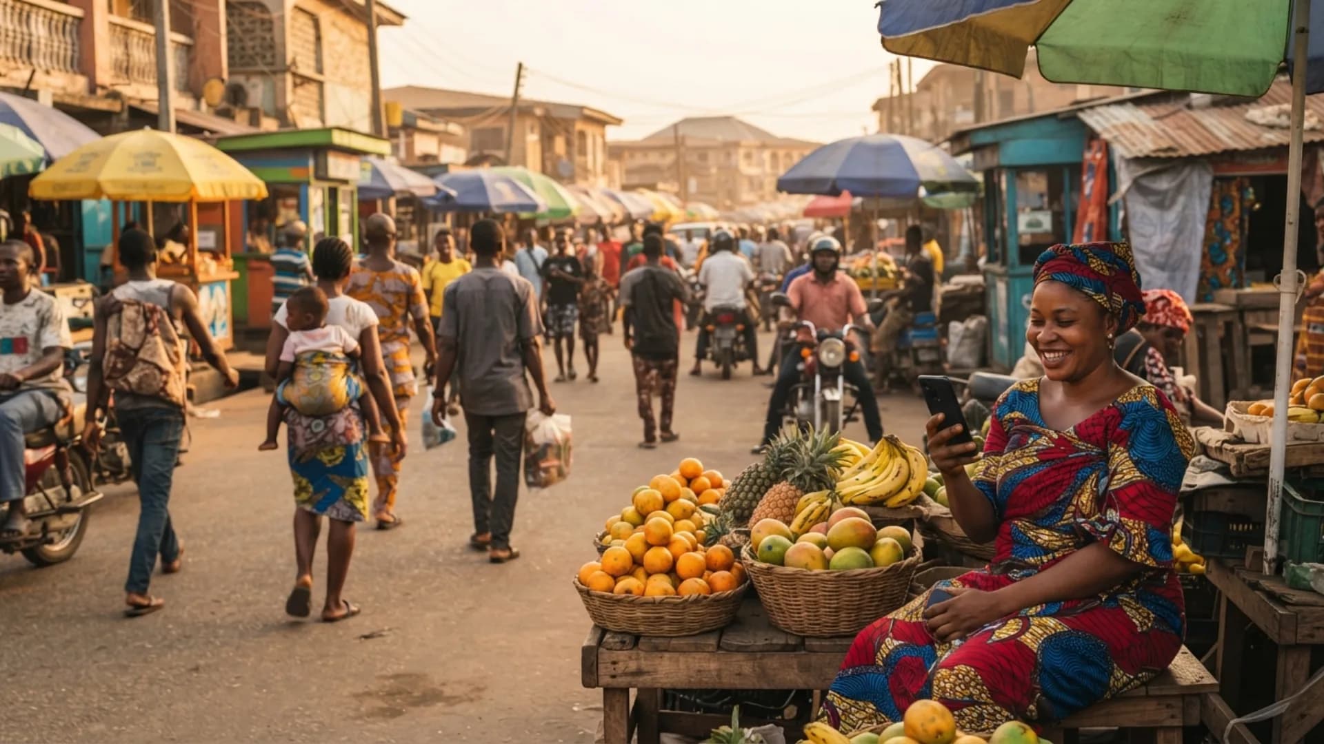 A busy street in the late afternoon, a fruit seller checking her phone