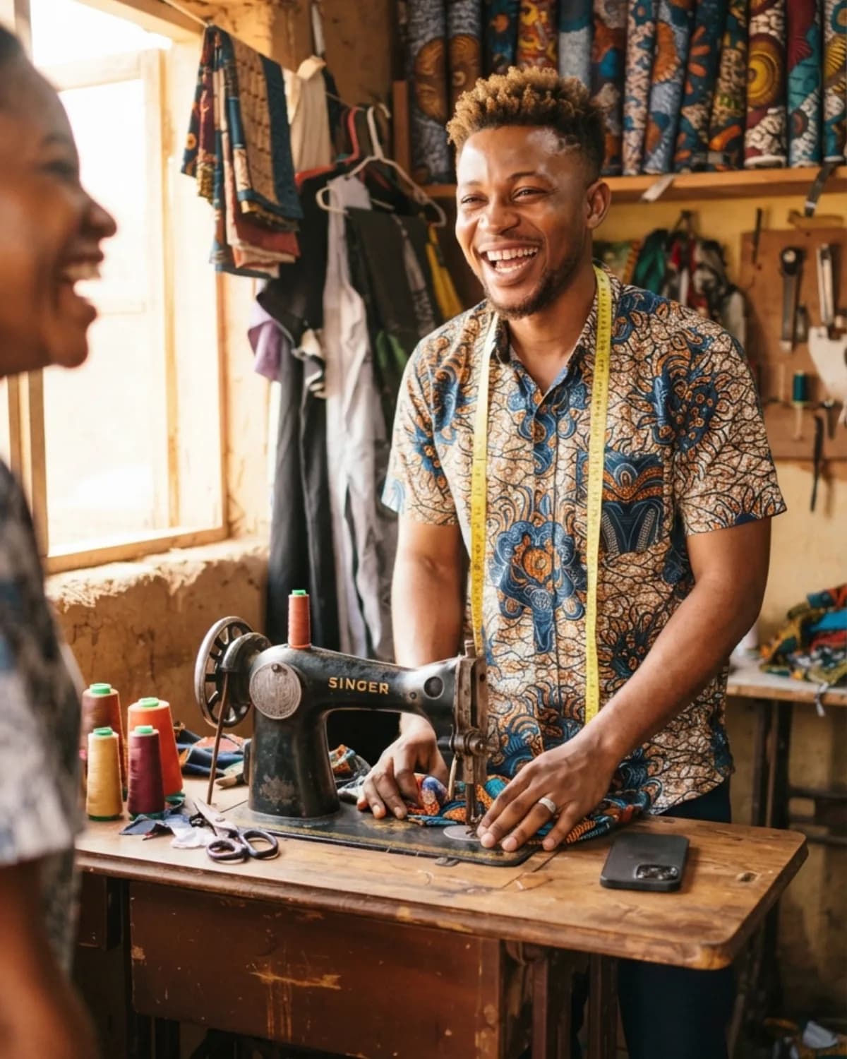 A tailor laughing in his workshop