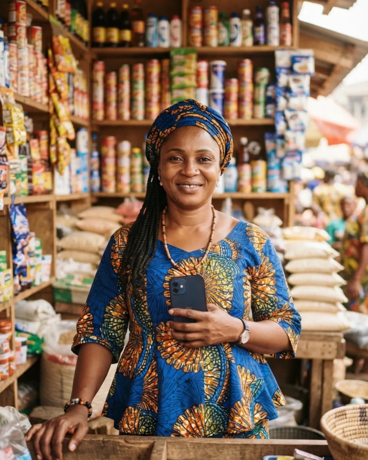 A trader at her provisions stall, holding her phone