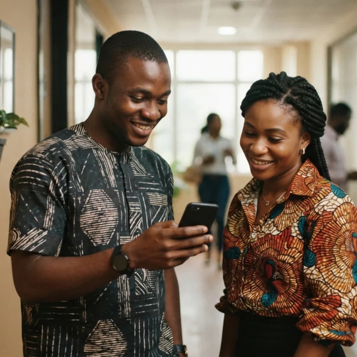 Two colleagues looking at a phone together