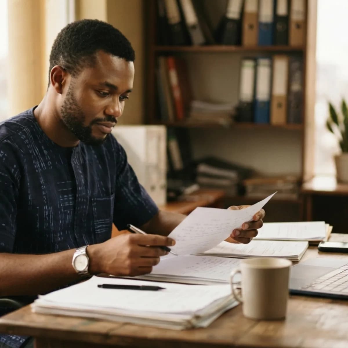 A business owner going through paperwork at his desk