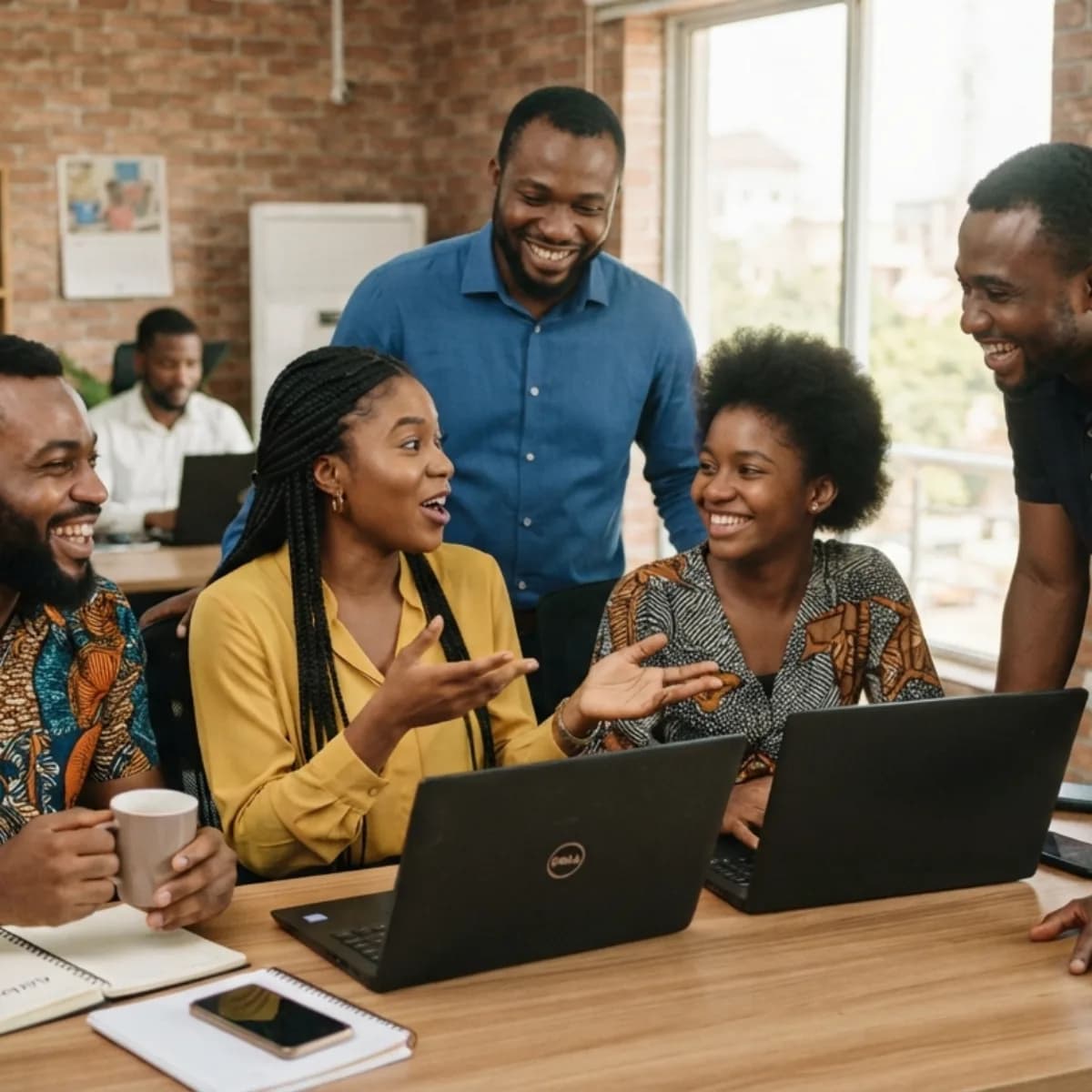 A small team talking around a desk
